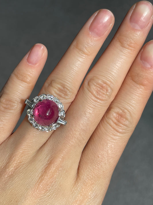 Vintage Platinum 10.42 CTW Unheated Cabochon Ruby Diamond Halo Ring GIA
