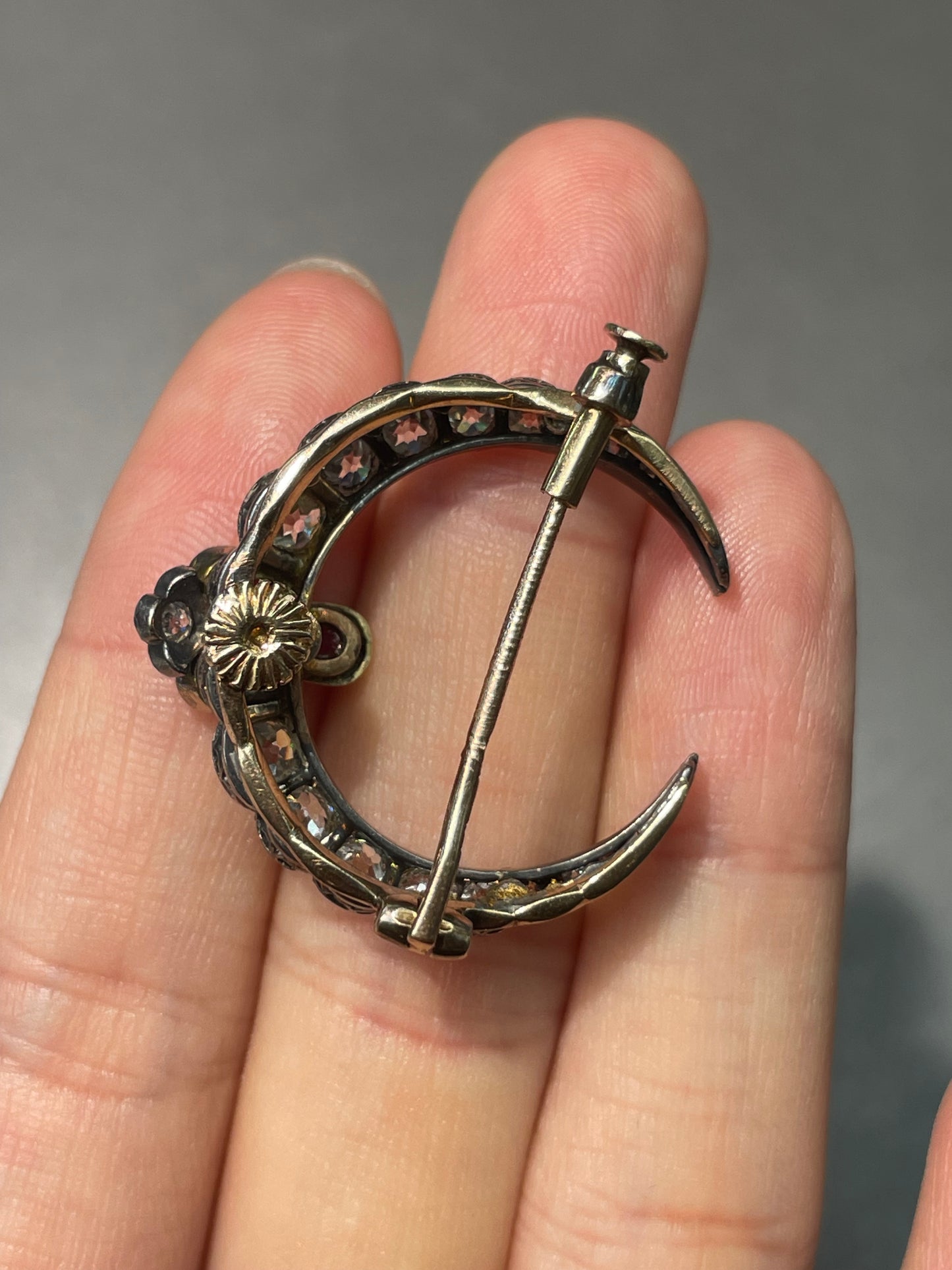 Antique Silver Topped 14K Yellow Gold 2.25 CTW Diamond Ruby Crescent Brooch