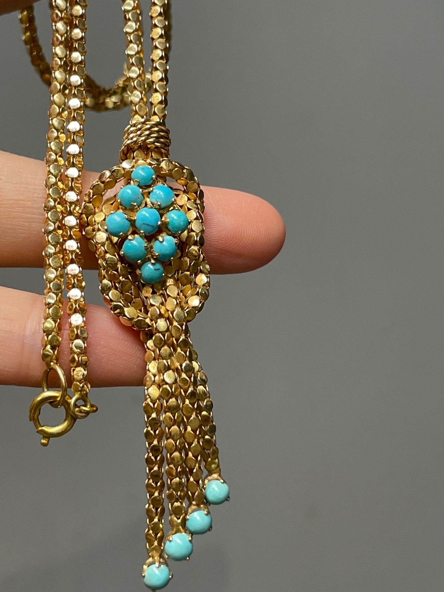 Retro 18K Yellow Gold Turquoise Popcorn Chain Tassel Necklace
