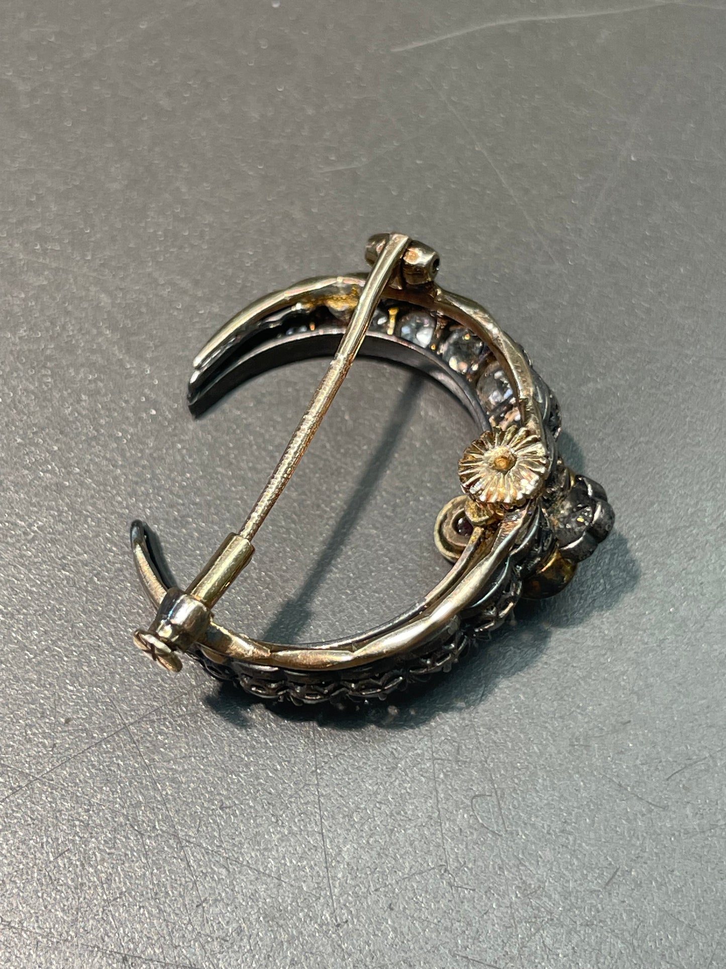 Antique Silver Topped 14K Yellow Gold 2.25 CTW Diamond Ruby Crescent Brooch