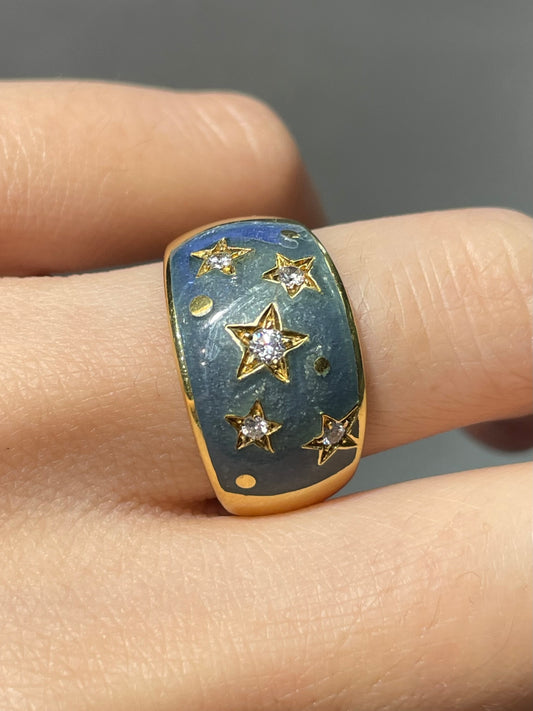 18K Gold 0.15 CTW Diamond Enamel Star Celestial Ring