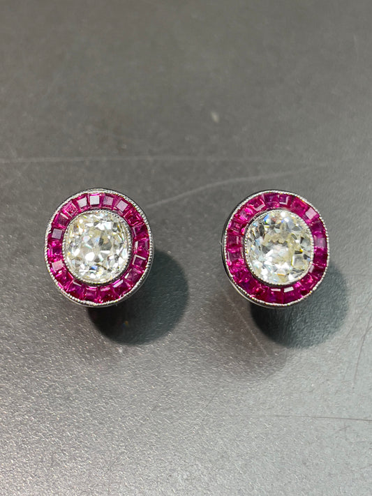 Vintage Platinum 1.75 CTW Old Mine Cut Diamond Ruby Target Stud Earring