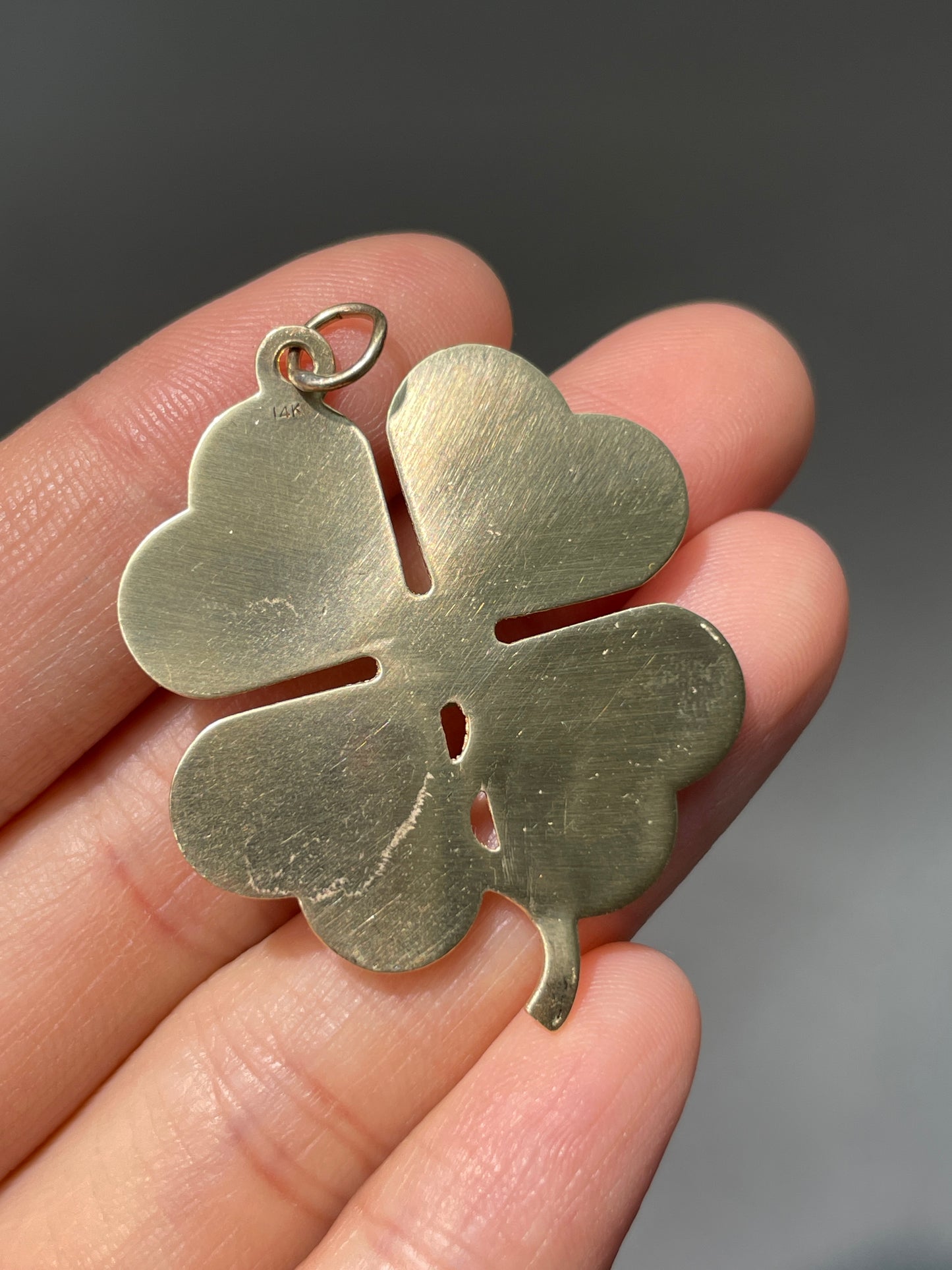 Vintage 14K Gold Large Jade Engine Turned Clover Charm