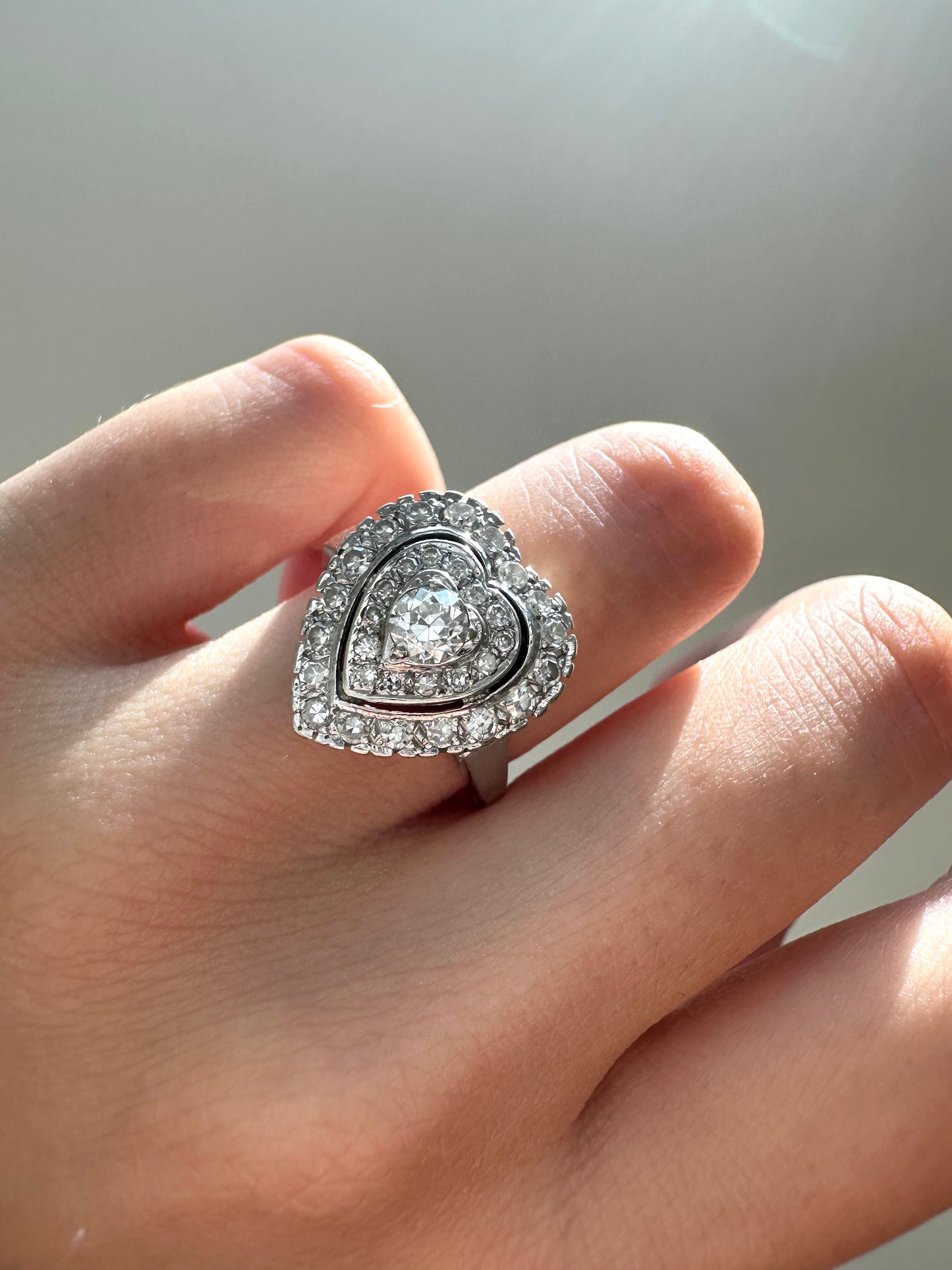 Vintage 14K White Gold 0.95 CTW Diamond Heart Ring