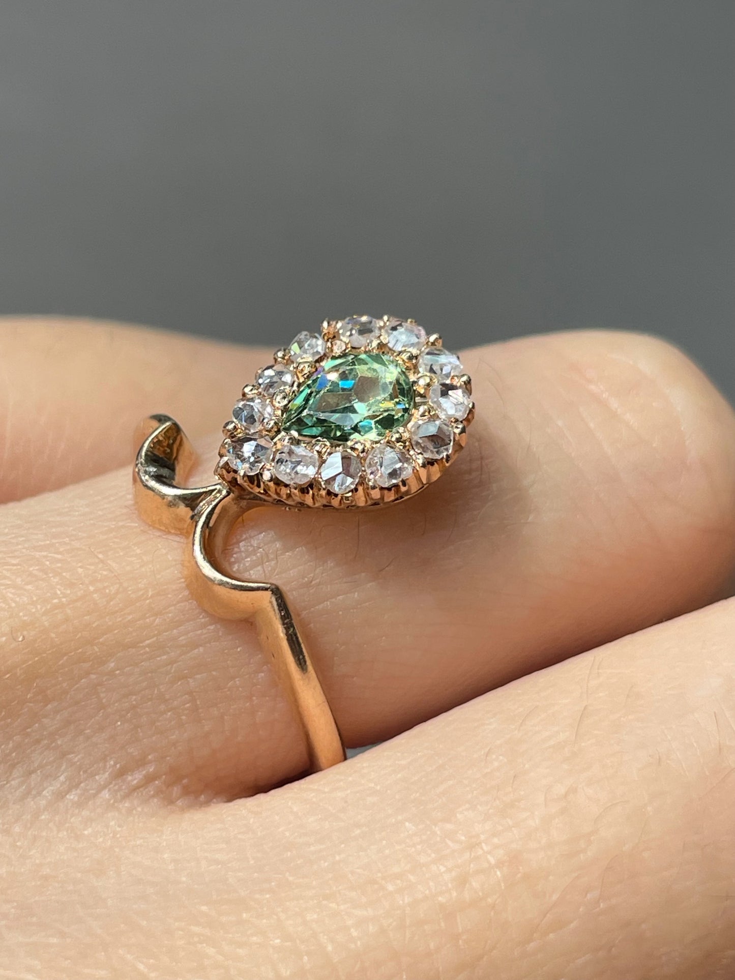 Antique Russian 14K Yellow Gold 0.71 CTW Drop Demantoid Garnet Diamond Halo Tiara Ring