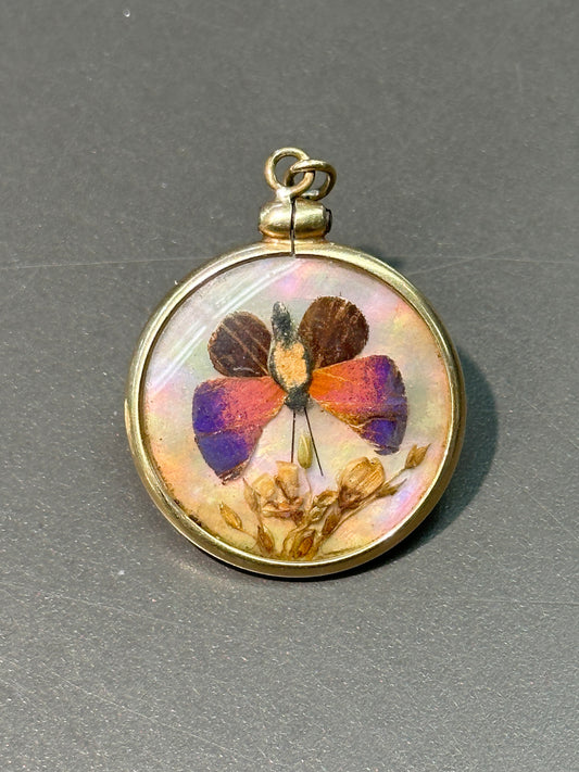 Antique 14K Gold Double Sided Butterfly Mother Pearl Pendant Charm