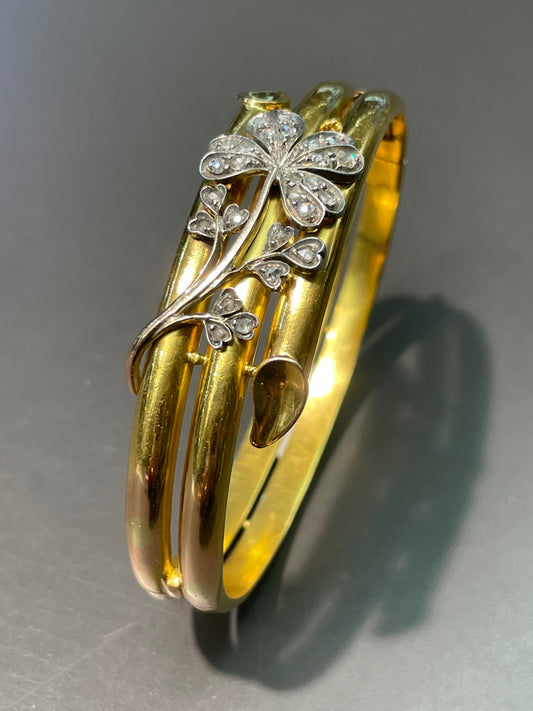 Antique French 18K Yellow Gold 0.58 CTW Diamond Shamrock Clover Bangle Bracelet