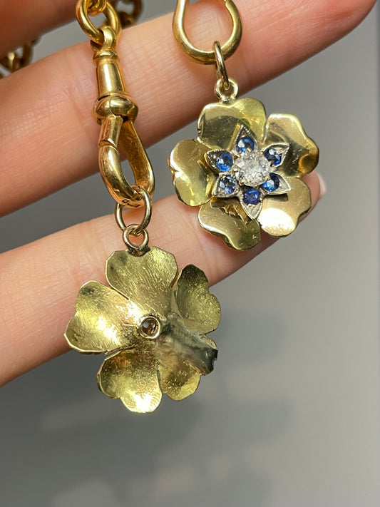 Vintage 18K Yellow Gold 0.45 CTW Diamond Sapphire Flower Charm Pendant