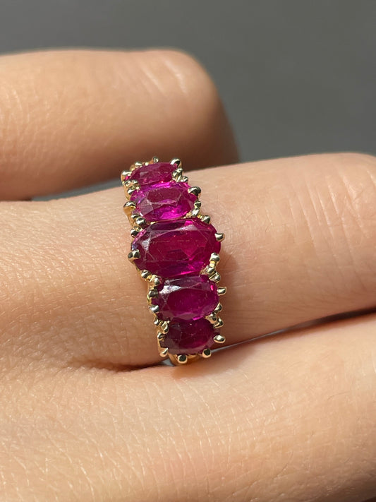 Antique 18K Yellow Gold 2.59 CTW Burmese Five Stone Ruby Ring