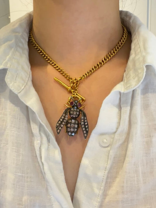 Vintage 14K Gold Topped Silver 2.75 CTW Diamond Ruby Bee Brooch