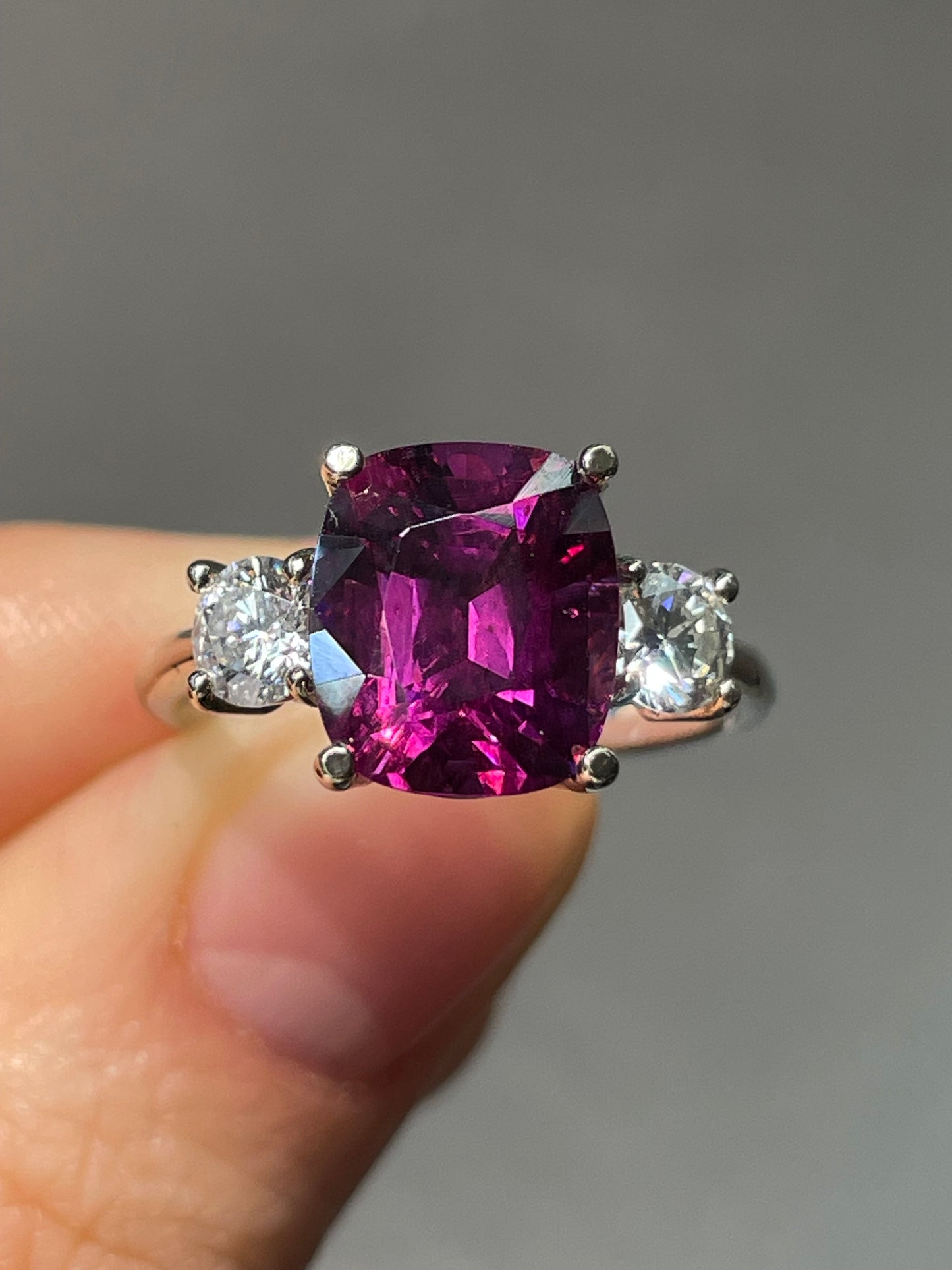 14K White Gold 4.20 CT Rhodolite Diamond Trilogy Ring