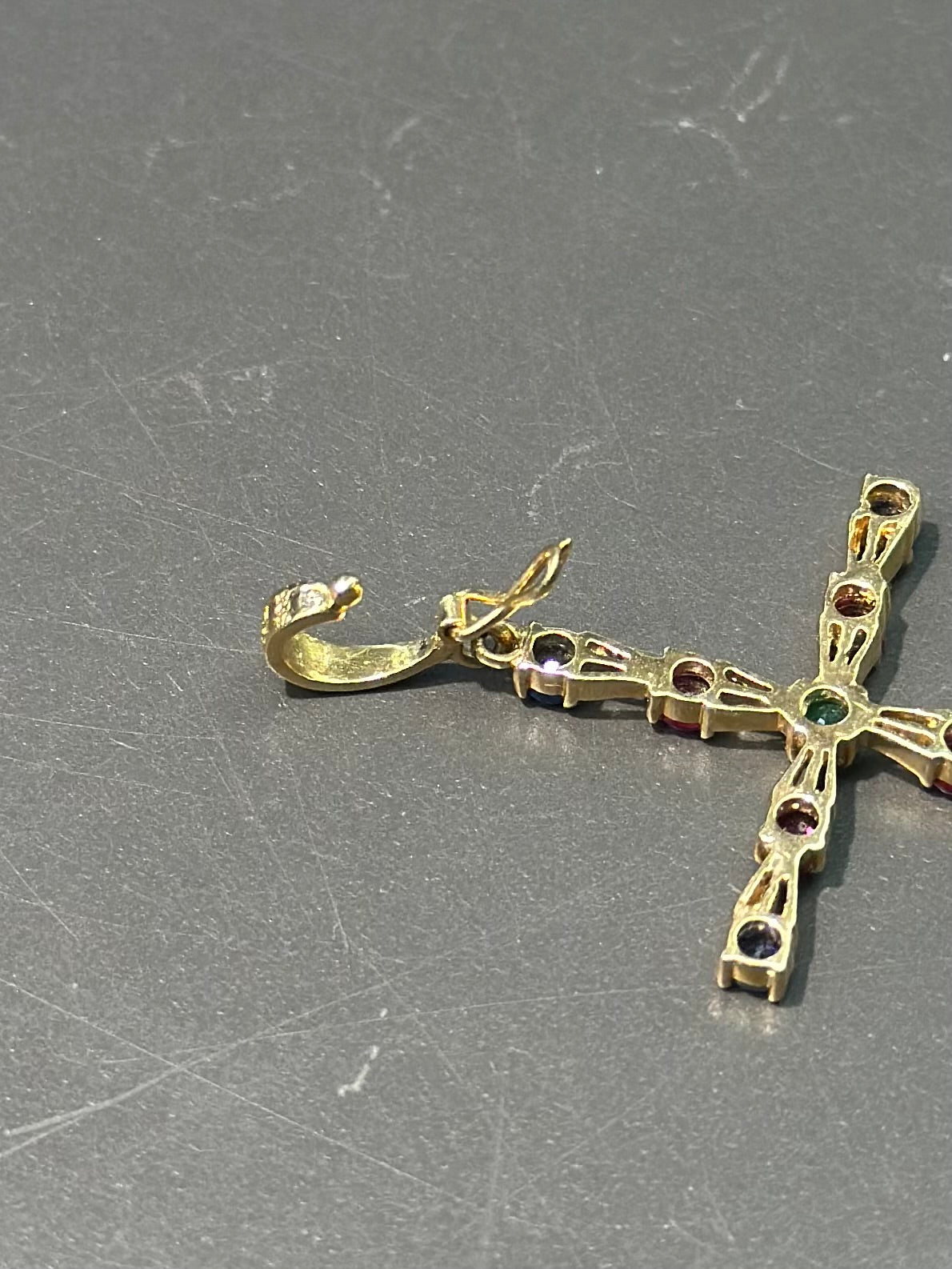 14K 金蓝宝石红宝石绿宝石十字架吊坠