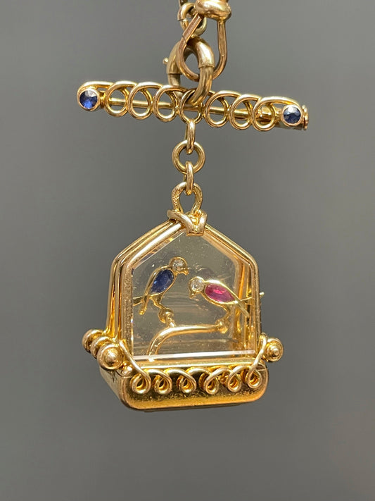 Vintage UTI 18K Gold French Ruby Sapphire Bird Cage Pocket Watch Pendant