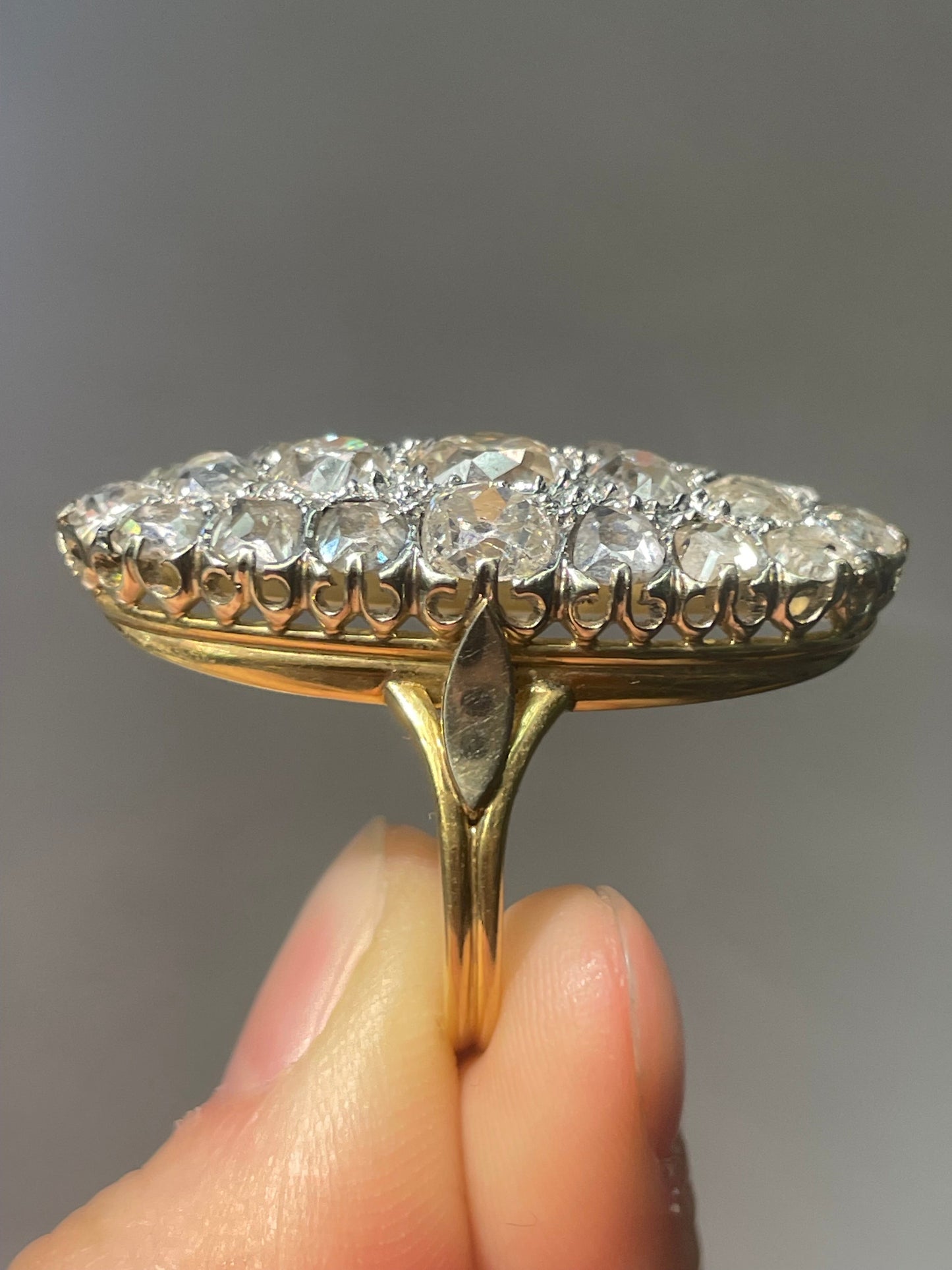 Antique French 18K Yellow Gold 6.5 CTW Old Mine Cut Diamond Oval Cluster Statement Ring
