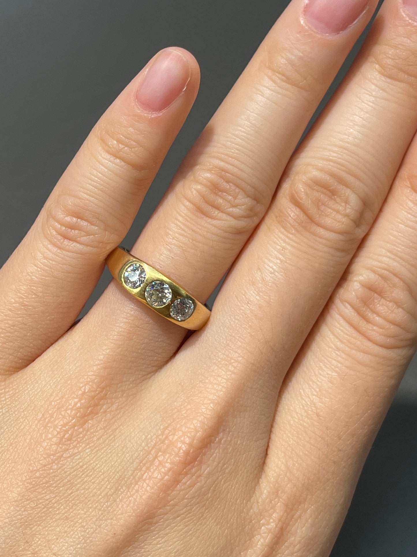 Antique 14K Gold Three Stone Old Mine Cut Diamond Gypsy Ring