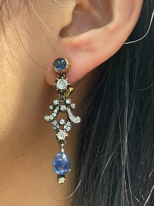 Antique 18K Yellow Gold Silver Sapphire Diamond Drop Earrings