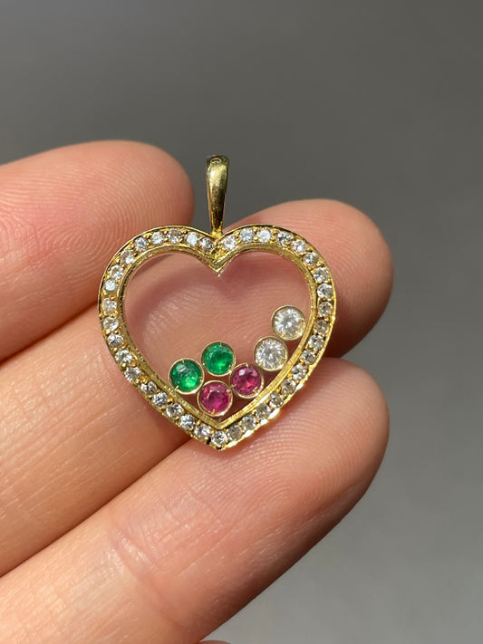 18K Yellow Gold Diamond Sapphire Ruby Floating Heart Pendant
