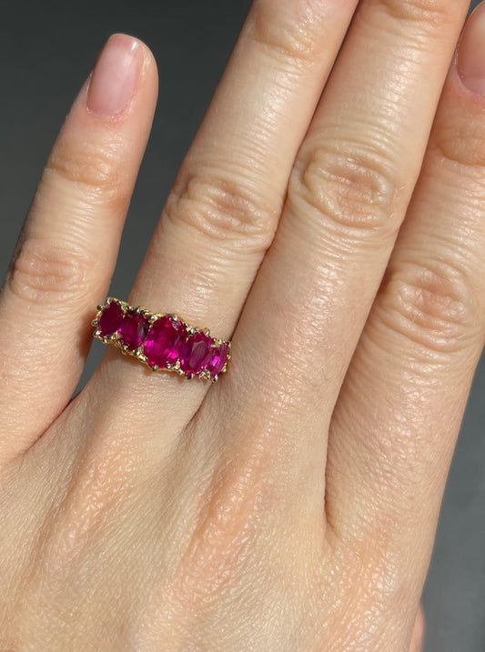 Antique 18K Gold 2.59 CTW Burma Five Stone Ruby Ring GIA