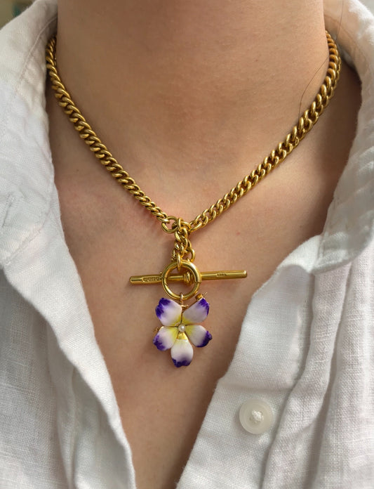 Antique 14K Yellow Gold White Purple Enamel Flower Pendant Brooch