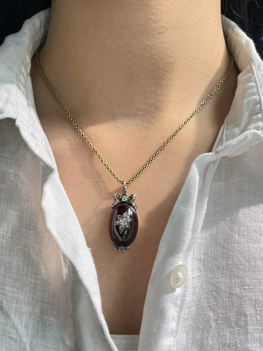 Antique Victorian 14K Gold Silver Diamond Garnet Starburst Pendant