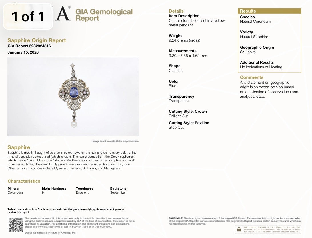 Antique 14K Gold Topped Silver 3.64 CTW GIA No Heat Ceylon Sapphire Diamond Pearl Motif Pendant