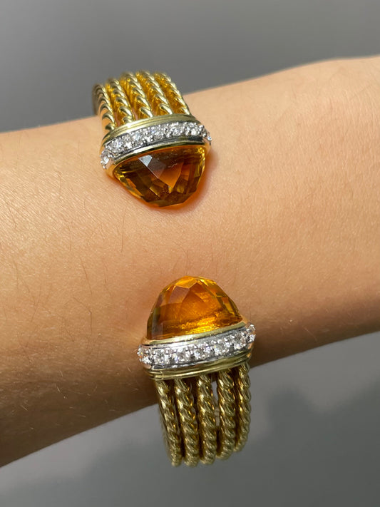 David Yurman 18K Gold Citrine Diamond Bypass Bangle Bracelet