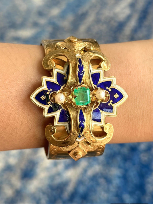 Victorian French 18K Gold Emerald Natural Pearl Enamel Bangle Bracelet