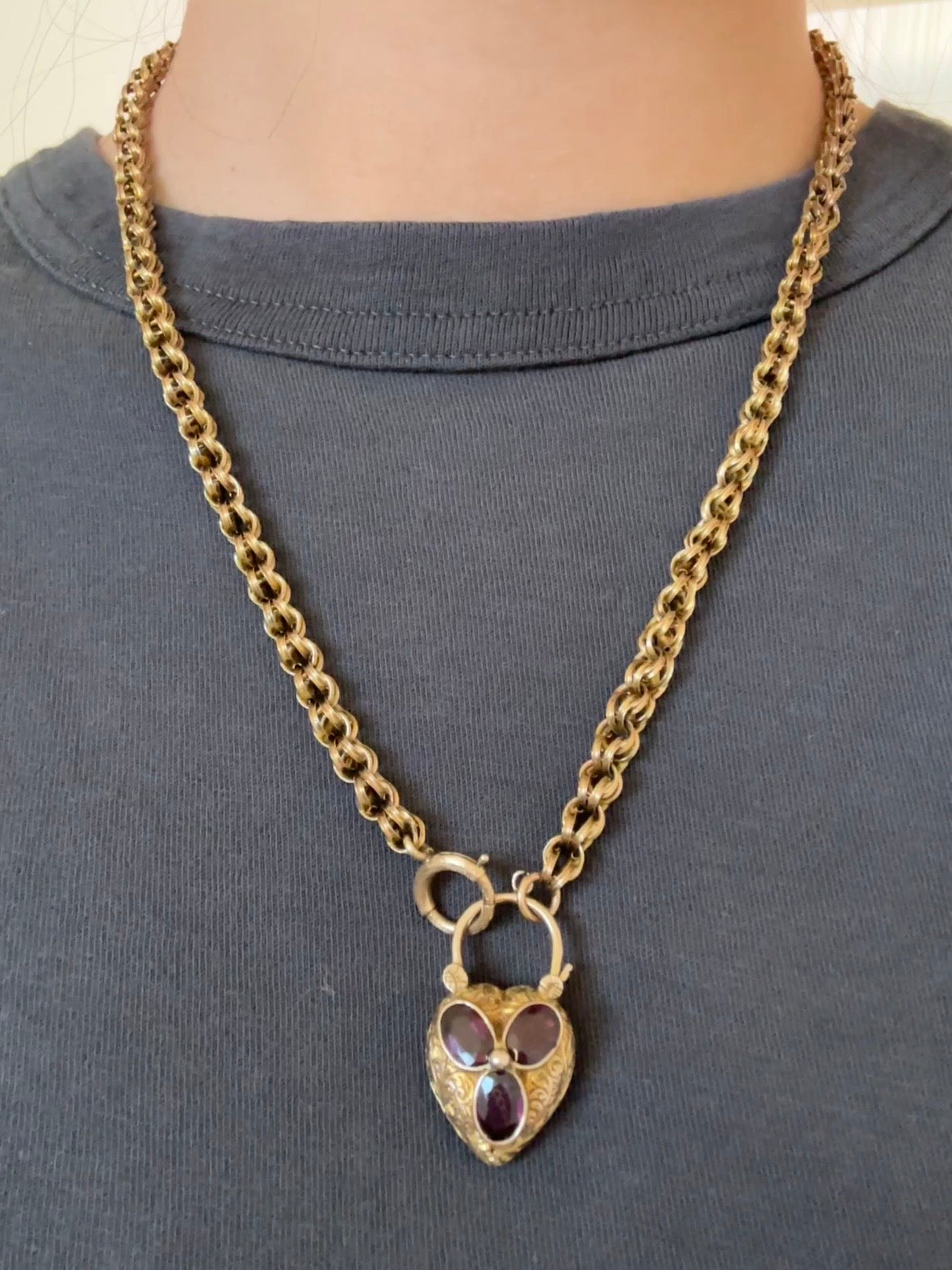 Antique Late Georgian 14K Yellow Gold Garnet Padlock Heart Locket Charm Pendant