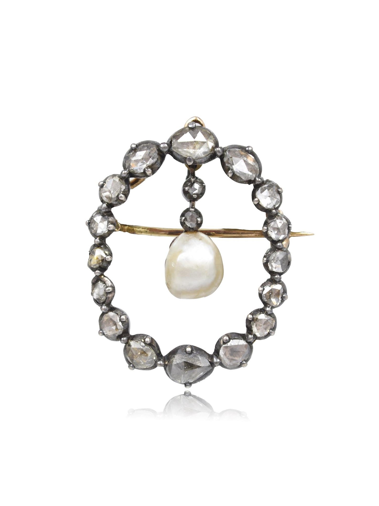 Antique French 18K Gold Topped Silver Natural Saltwater Pearl Diamond Brooch