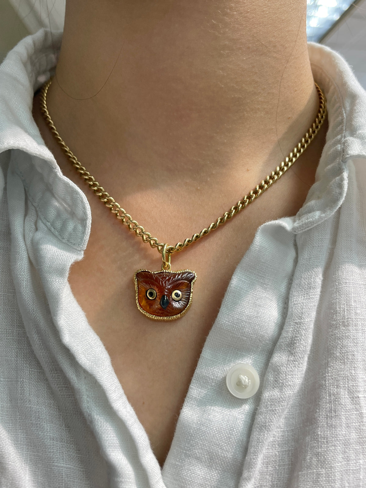 Diane Griswold Garnet Enamel Owl Sculptural Pendant
