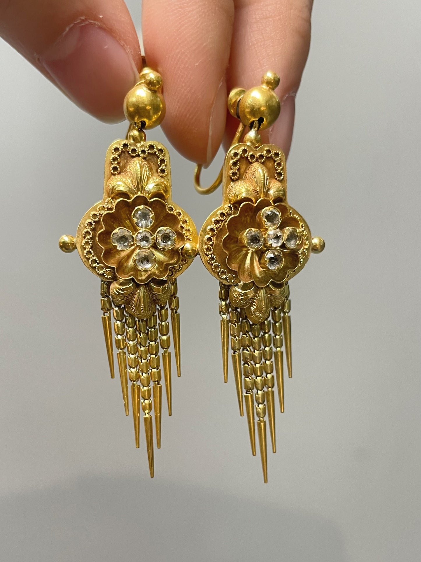 Antique Victorian Etruscan 14K Yellow Gold White Sapphire Fringe Earring