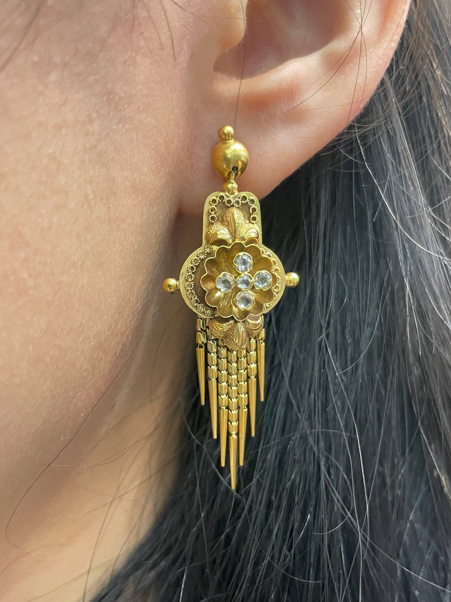 Antique Victorian Etruscan 14K Yellow Gold White Sapphire Fringe Earring