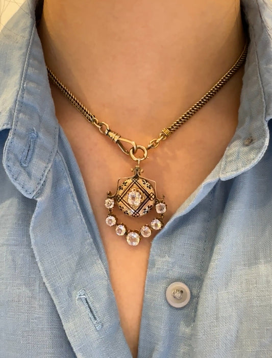 Antique 14K Yellow Gold Enamel Sapphire Fringe Articulated Pendant Brooch