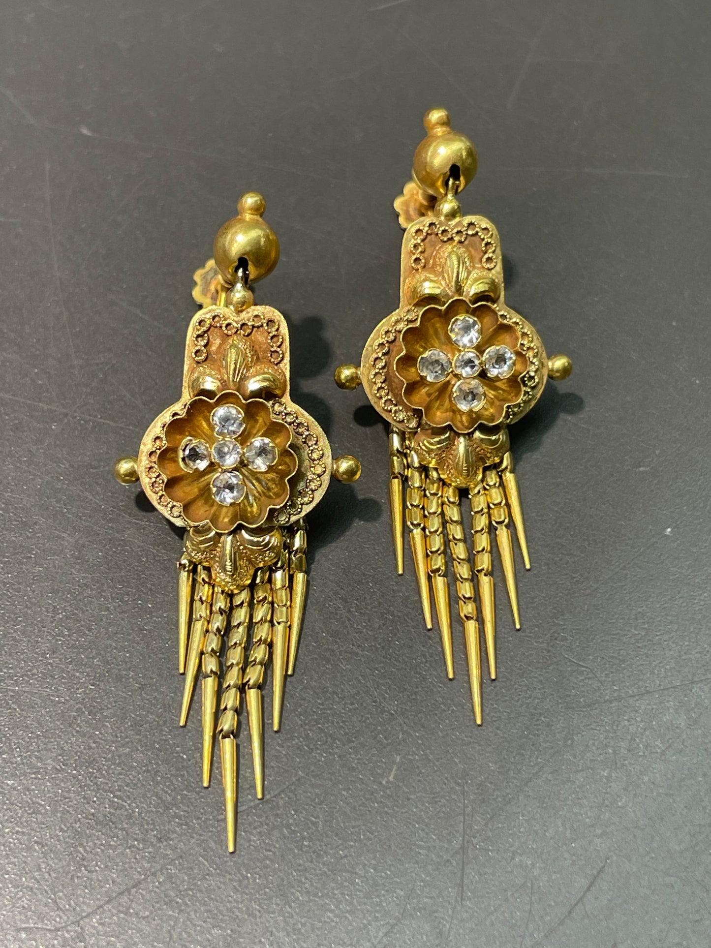 Antique Victorian Etruscan 14K Yellow Gold White Sapphire Fringe Earring