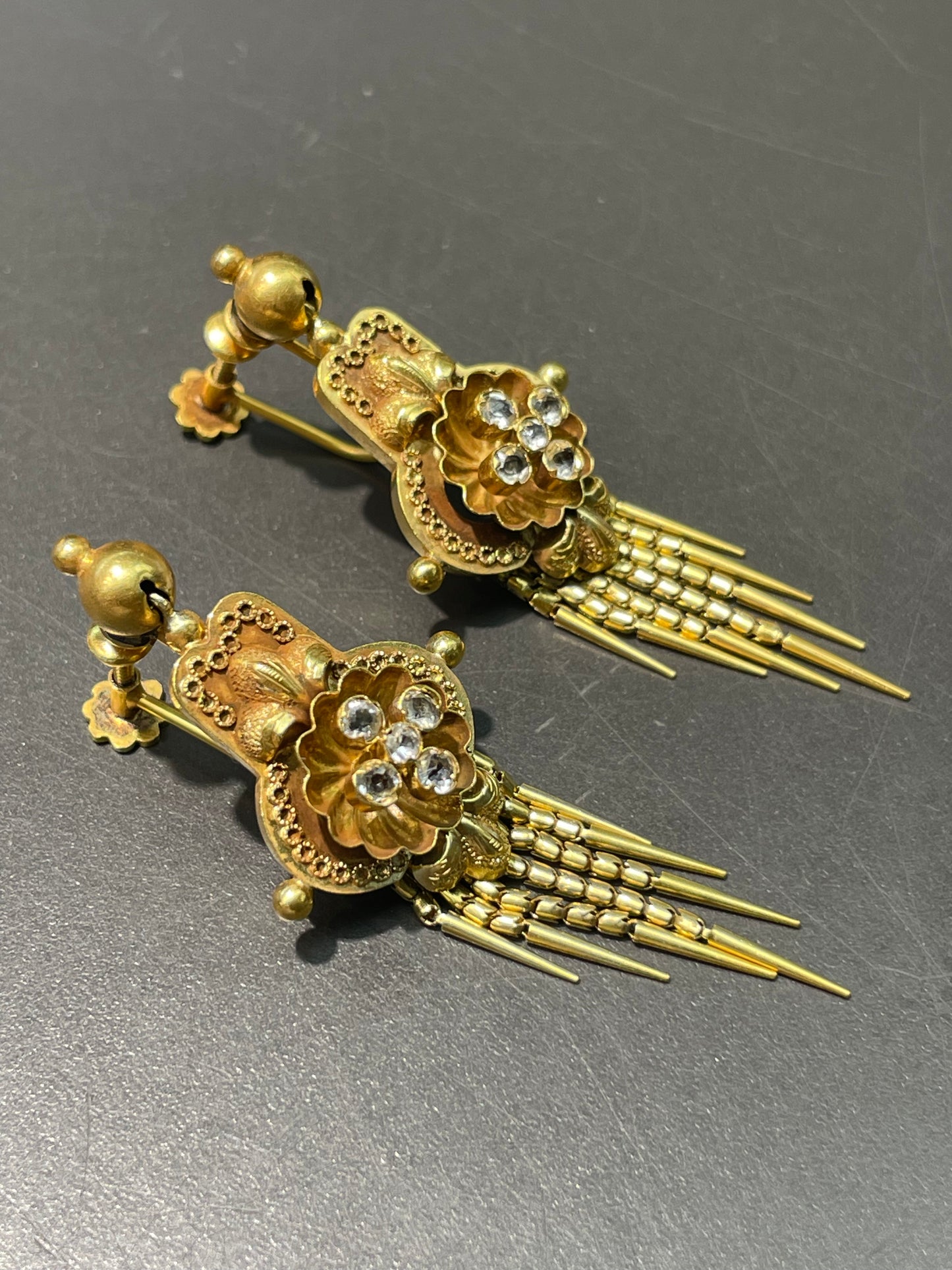 Antique Victorian Etruscan 14K Yellow Gold White Sapphire Fringe Earring
