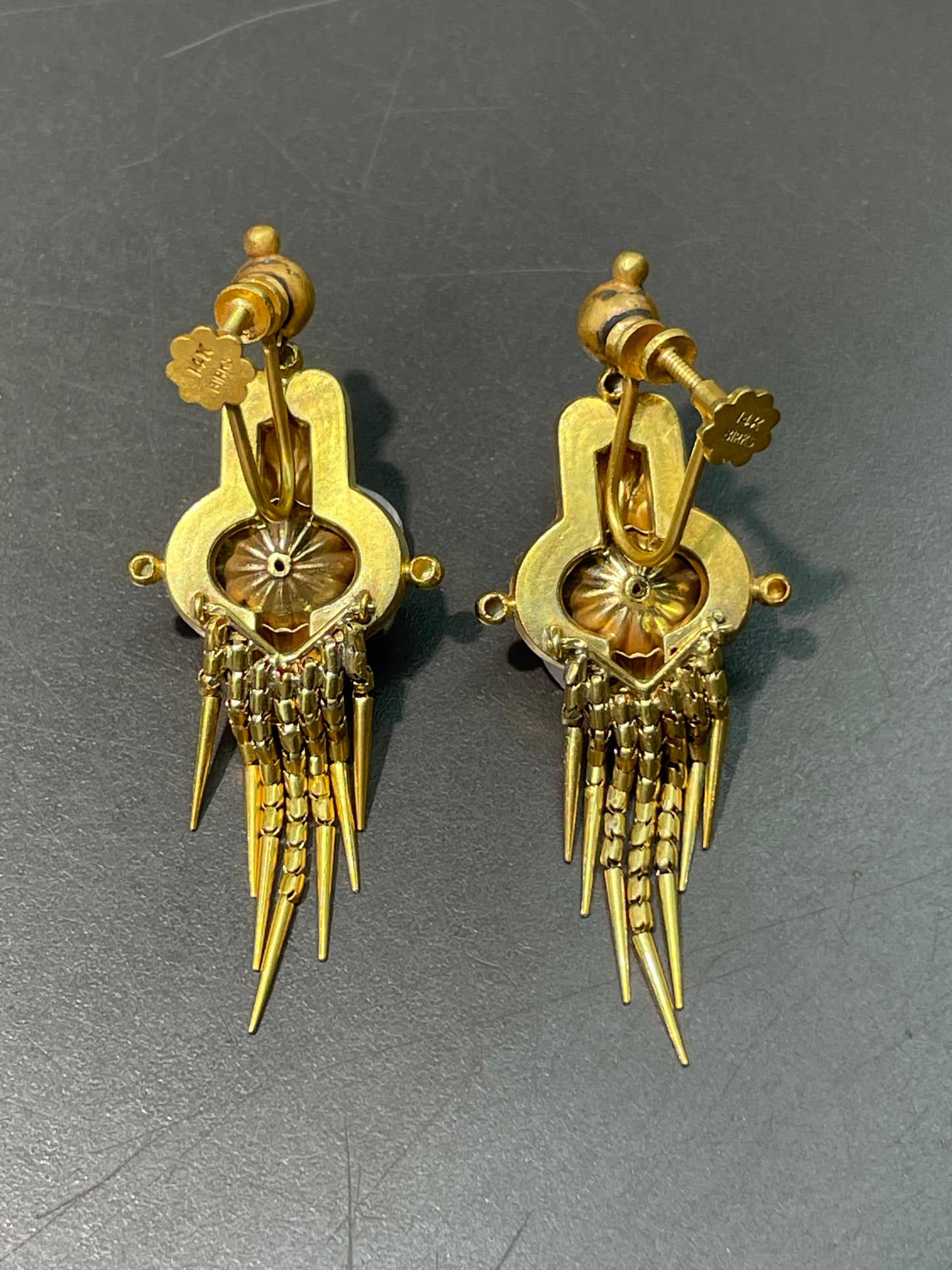 Antique Victorian Etruscan 14K Yellow Gold White Sapphire Fringe Earring