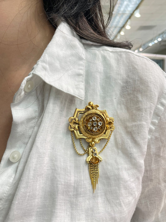 Antique Victorian Etruscan 14K Gold Sapphire Tassel Fringe Brooch