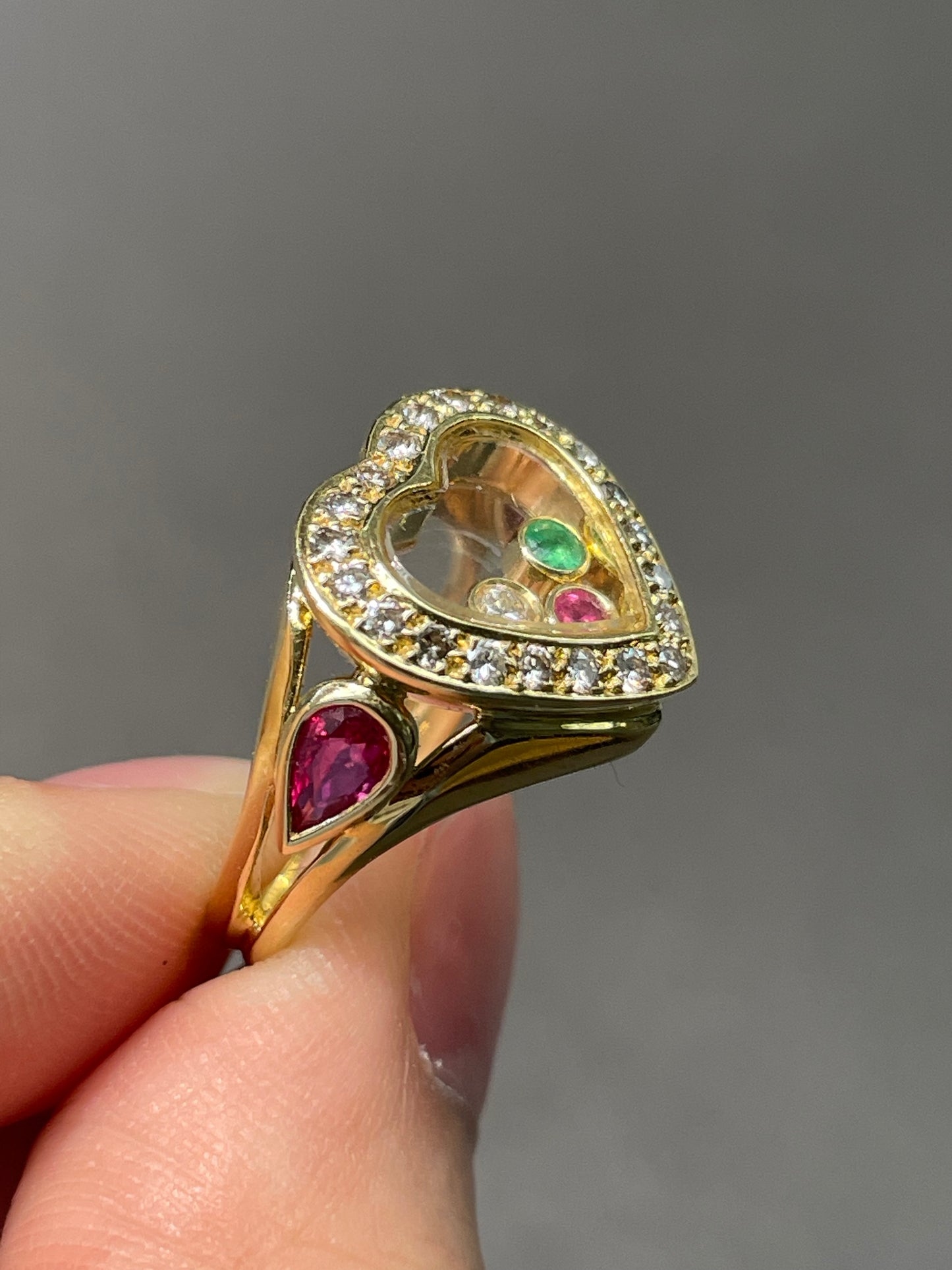 18K Yellow Gold Diamond Sapphire Ruby Floating Heart Ring