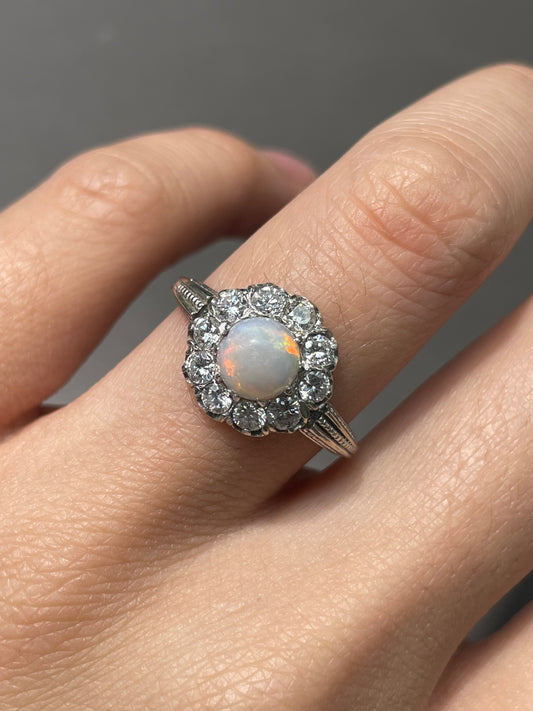 Antique French 18K White Gold Opal 0.80 CTW Diamond Halo Ring