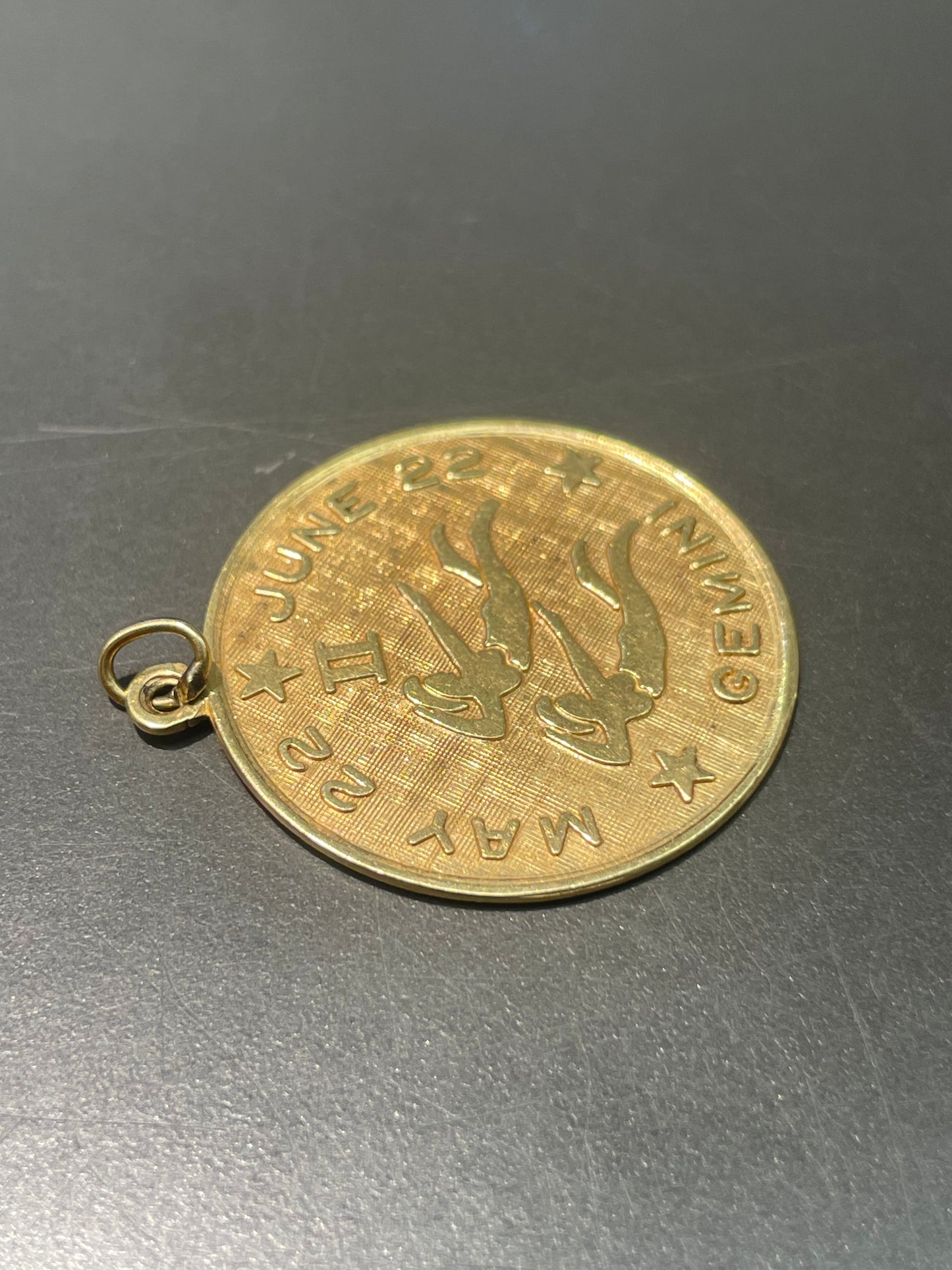 Vintage 14K Yellow Gold Large Gemini Round Horoscope Pendant
