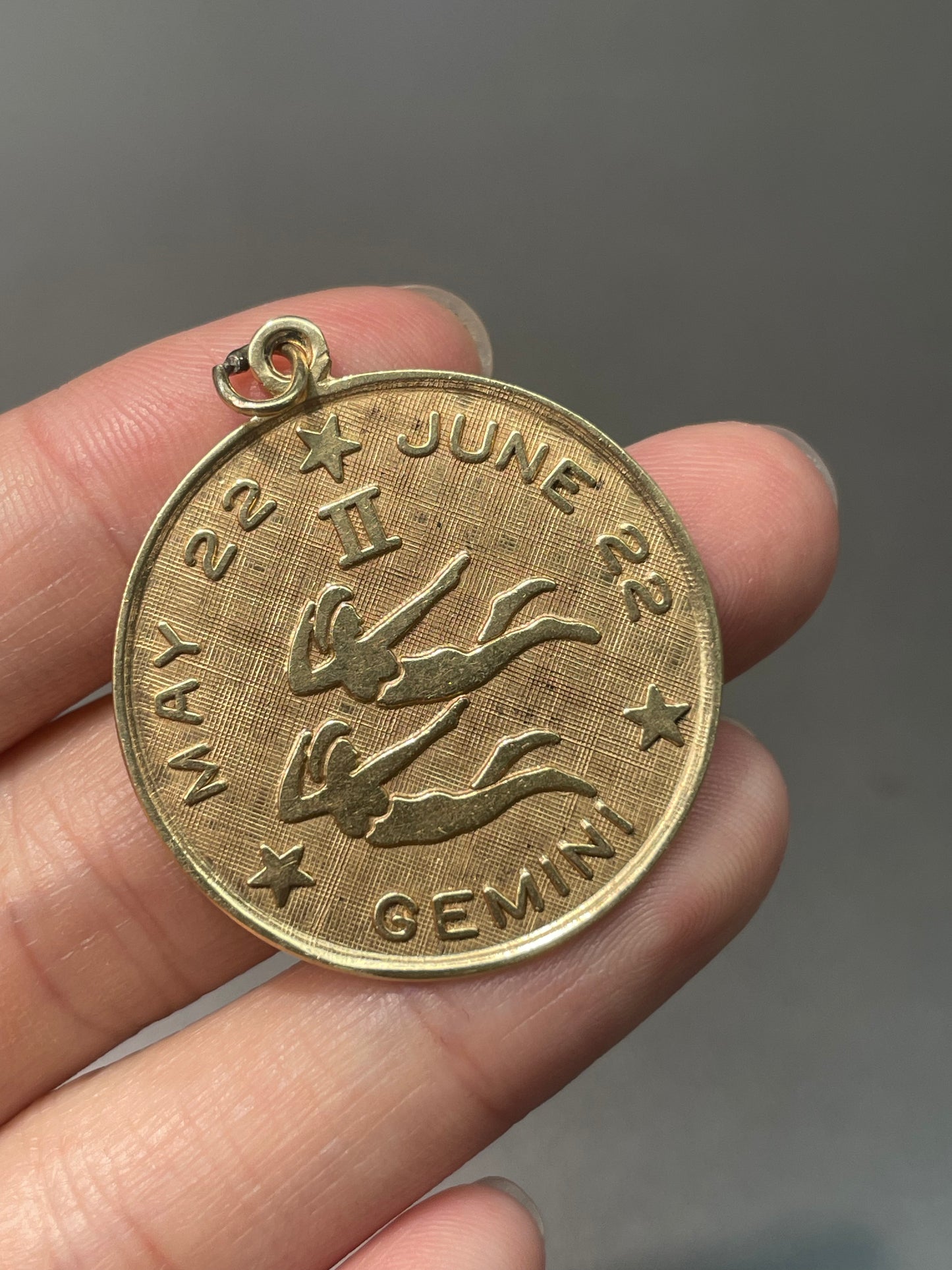 Vintage 14K Yellow Gold Large Gemini Round Horoscope Pendant