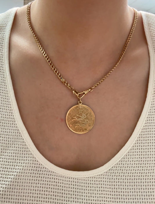 Vintage 14K Yellow Gold Large Gemini Round Horoscope Pendant