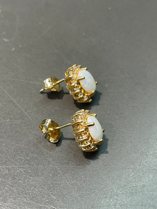 14K Yellow Gold Opal Diamond Halo Earring