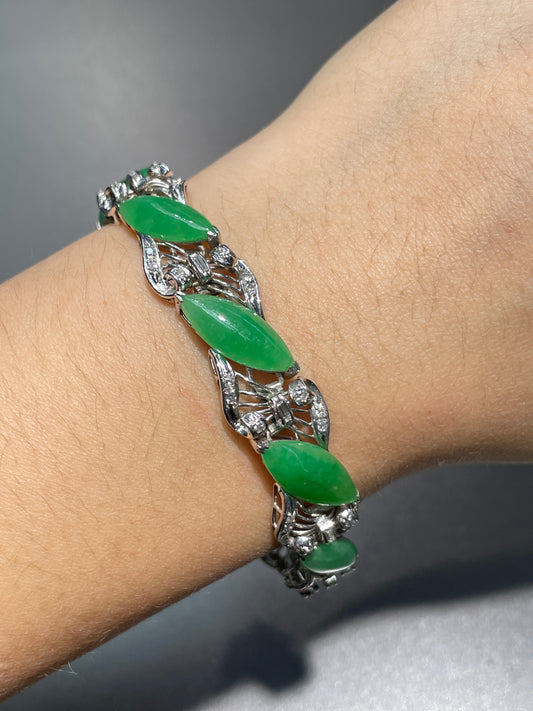 Vintage 14K Gold Marquise Jade Diamond Bracelet