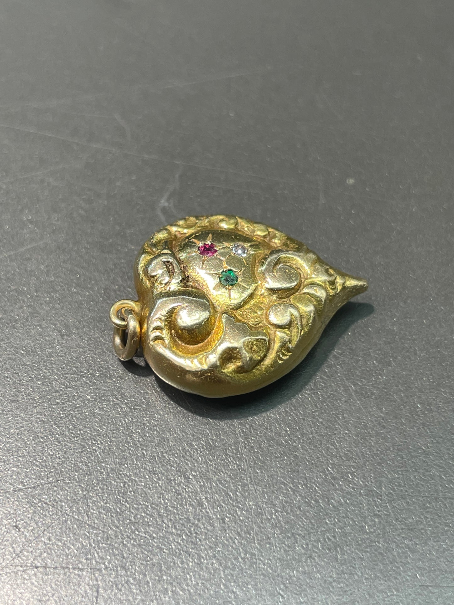Victorian 14K Yellow Gold Ruby Emerald Diamond Repousse Scrolling Heart Pendant