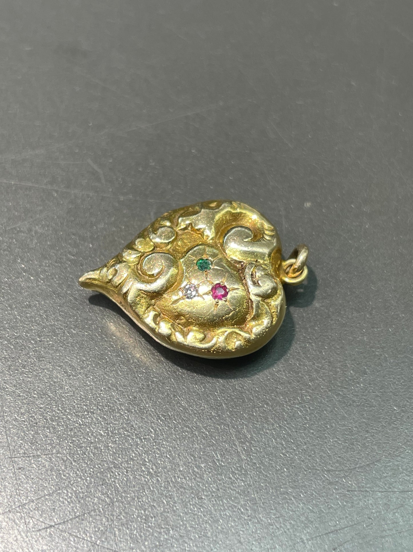 Victorian 14K Yellow Gold Ruby Emerald Diamond Repousse Scrolling Heart Pendant