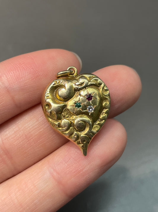 Victorian 14K Yellow Gold Ruby Emerald Diamond Repousse Scrolling Heart Pendant