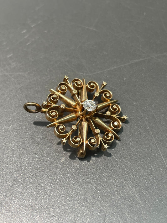 Antique 14K Yellow Gold 0.35 CTW Diamond Starburst Pendant Brooch