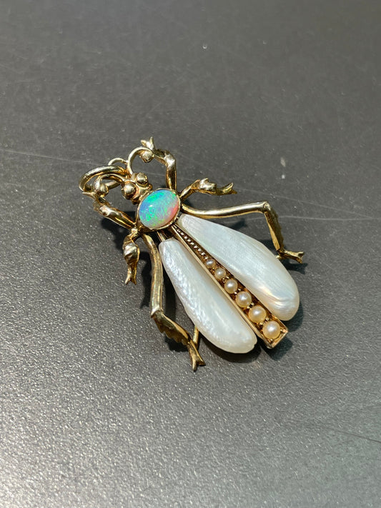 Antique 14K Yellow Gold Pearl Opal Insect Charm Pendant