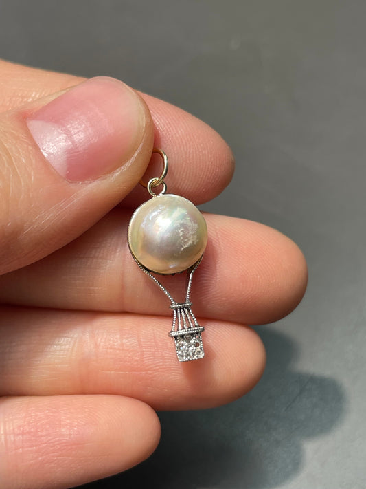 Antique Platinum Topped 14K Yellow Gold Pearl 0.09 CTW Diamond Hot Air Balloon Charm